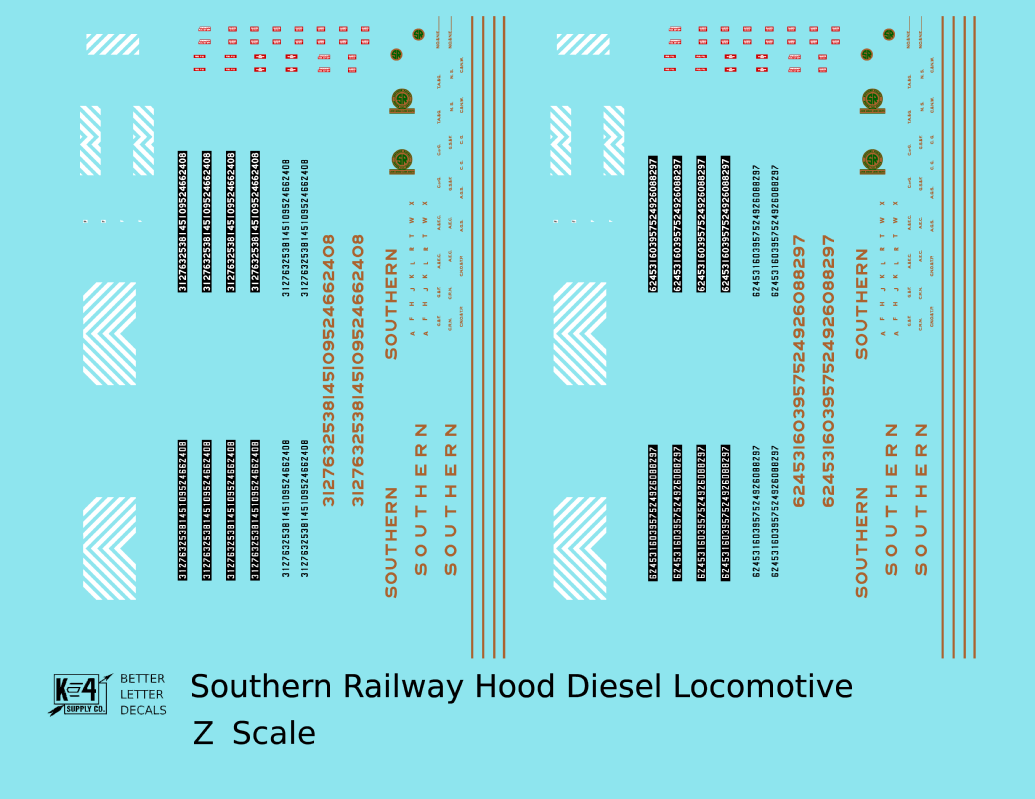 K4 Z Scale Decals Southern Railway Hood Diesel Locomotive Gold Black Scheme