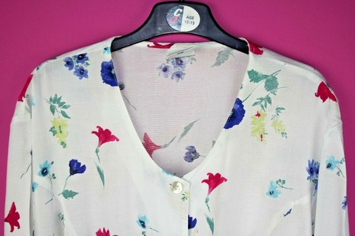 VINTAGE 90s Tea Retro Pattern White Blue Floral Tie Belt Blouse Top Medium 12 - Picture 3 of 11