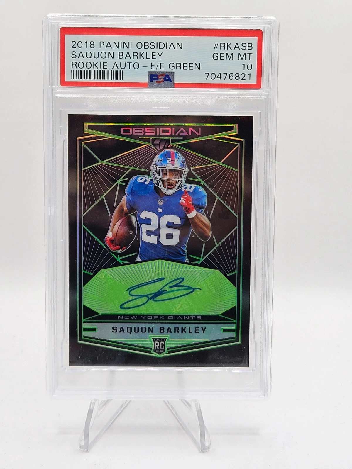 Saquon Barkley Panini Obsidian Rookie Autographs #RKASB Electric Etch Green