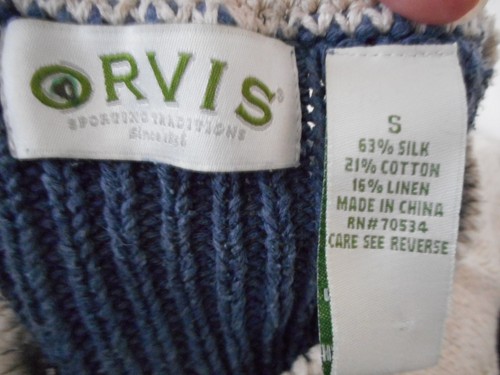 Orvis 3/4 sleeve Size S Women's sweater Silk Cotton Linen Blend Blue Cream - Picture 2 of 4