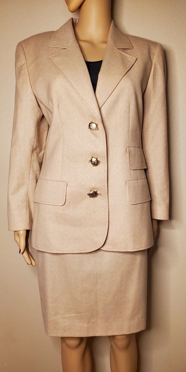 Vintage Valentino Miss Wool Tan Skirt Suit w/ Turtle Buttons