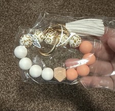 Beaded Bracelet Keyring with Animal Print Tassel, White Peach Gold, Boho Style