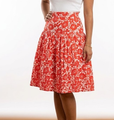 Gap Red White Floral Drop Waist Gathered Drop-Yoke Midi Skirt Elastic Waist XL