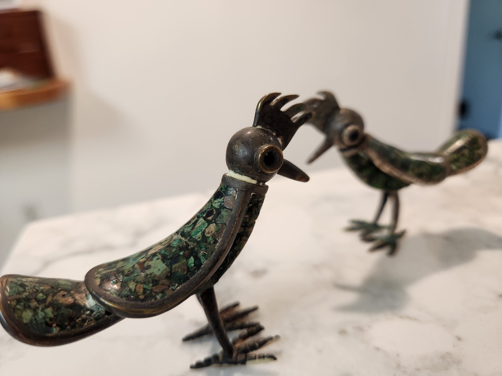 Vintage Los Castillo Mexican Bird Silver Malachite Roadrunner Figure