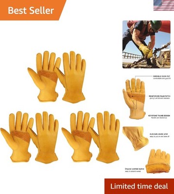 Men s Cowhide Gardening Gloves - 3-Pack with Elastic Wrist and Keystone Thumb