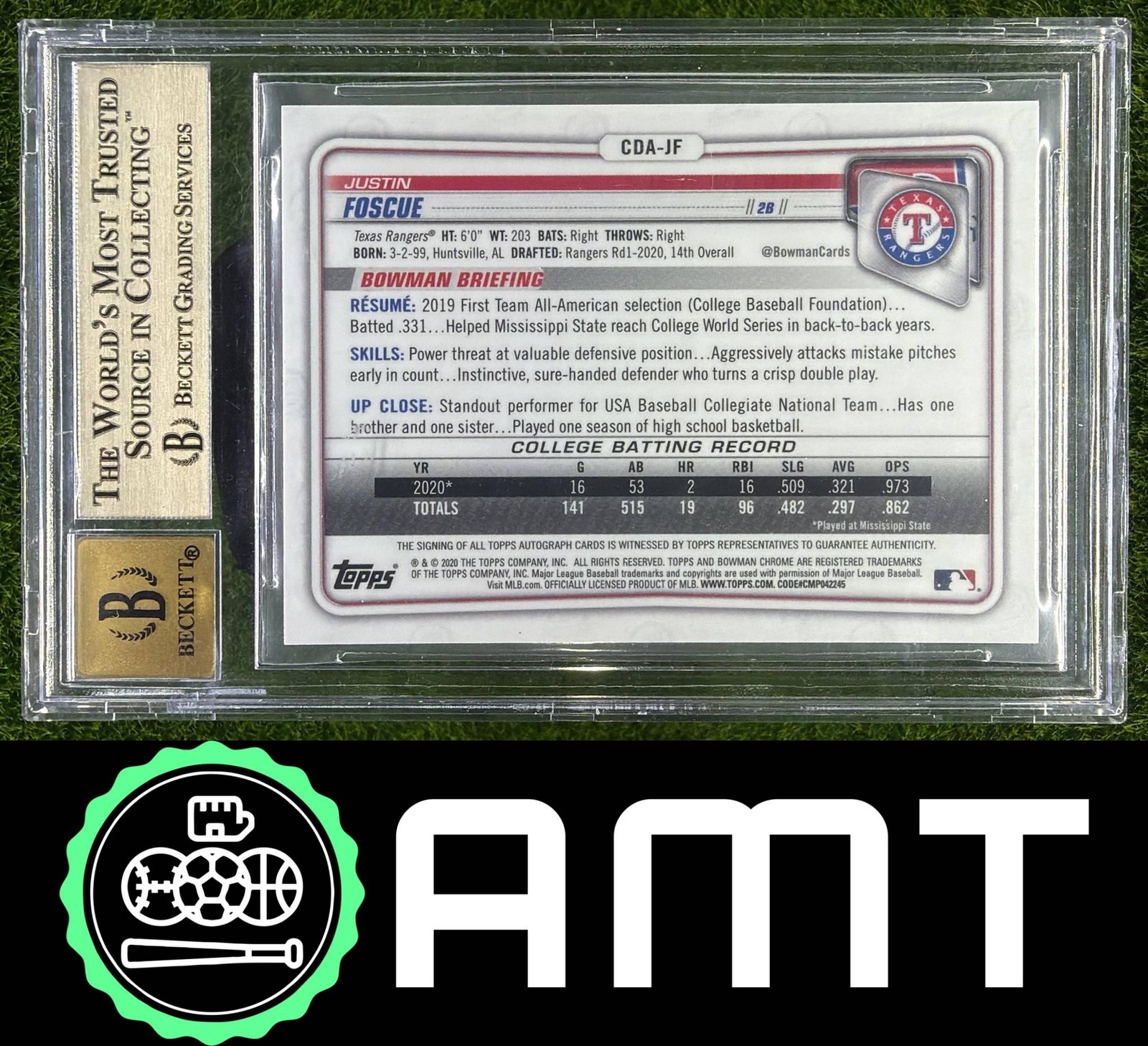 Justin Foscue BGS 9.5 Auto 10 2020 Bowman Draft 3/5 Chrome Pick Red Rangers 2287 view 2