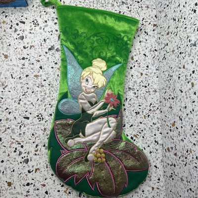 Vintage Disney Green Satin Embroidered Tinkerbell Christmas Stocking 19''