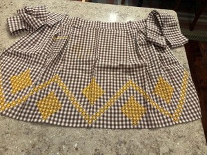 Vtg Hand Made Cotton Brown White Gingham Check Half Apron Gold Embroidery