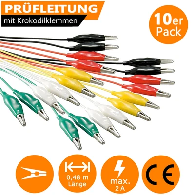 ORSEM Prüfleitung im 10er-Set 2A mit isolierten Krokodilklemmen beidseitig Clip 48cm