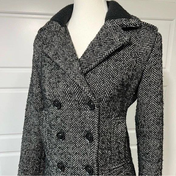 Guess Herringbone Peacoat куртка черный серый двубортный зимнее пальто маленький - Изображение 2 из 4