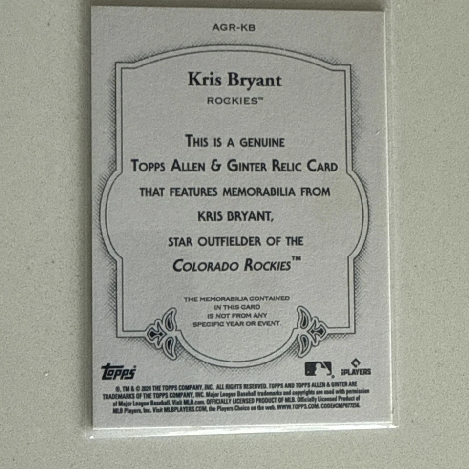 Kris Bryant 2024 Topps Allen & Ginter Relic #AGR-KB Colorado Rockies MLB - Image 2 of 2