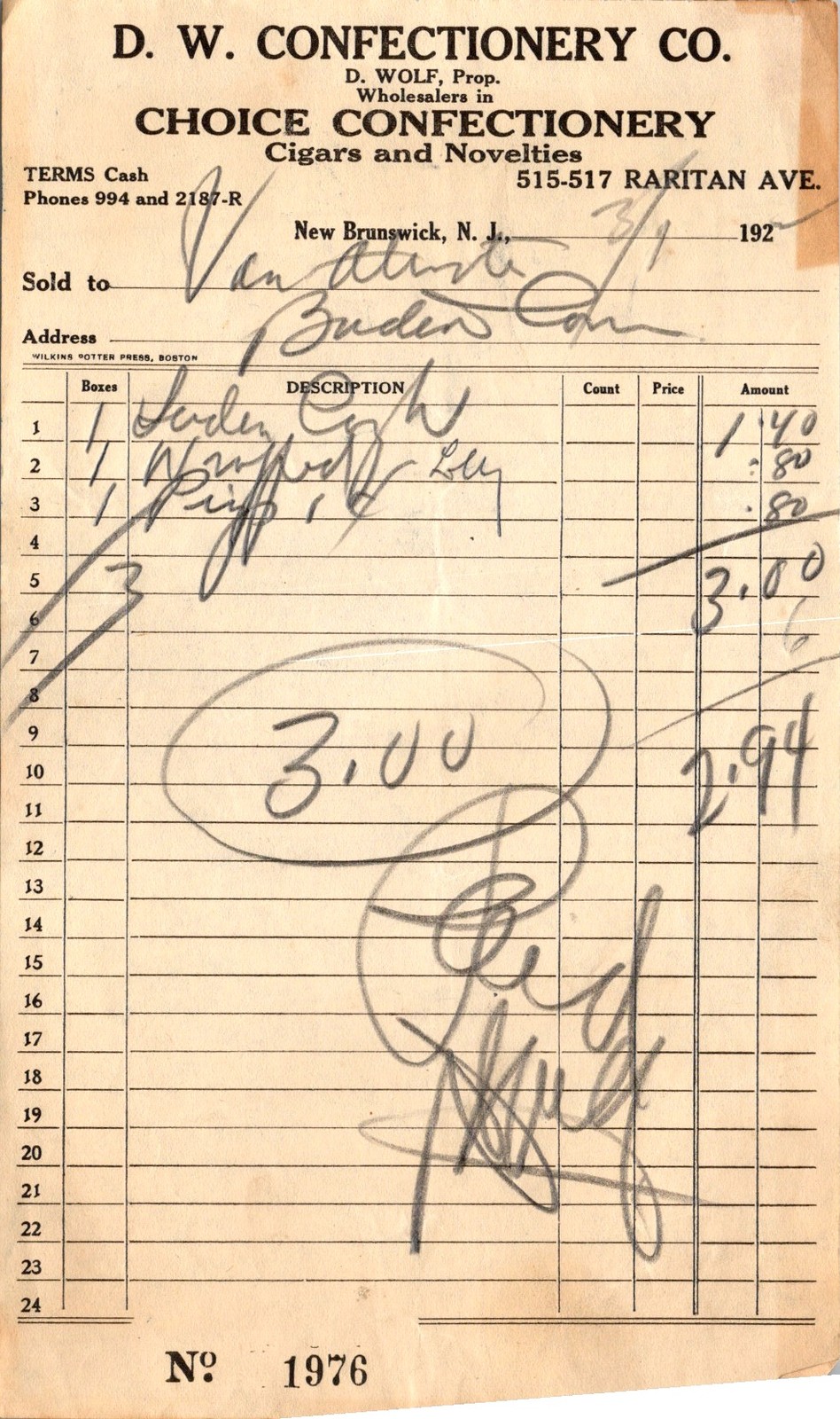 1920s D W Confectionery Co Commercial Invoice Wholesale New Jersey Ephemera