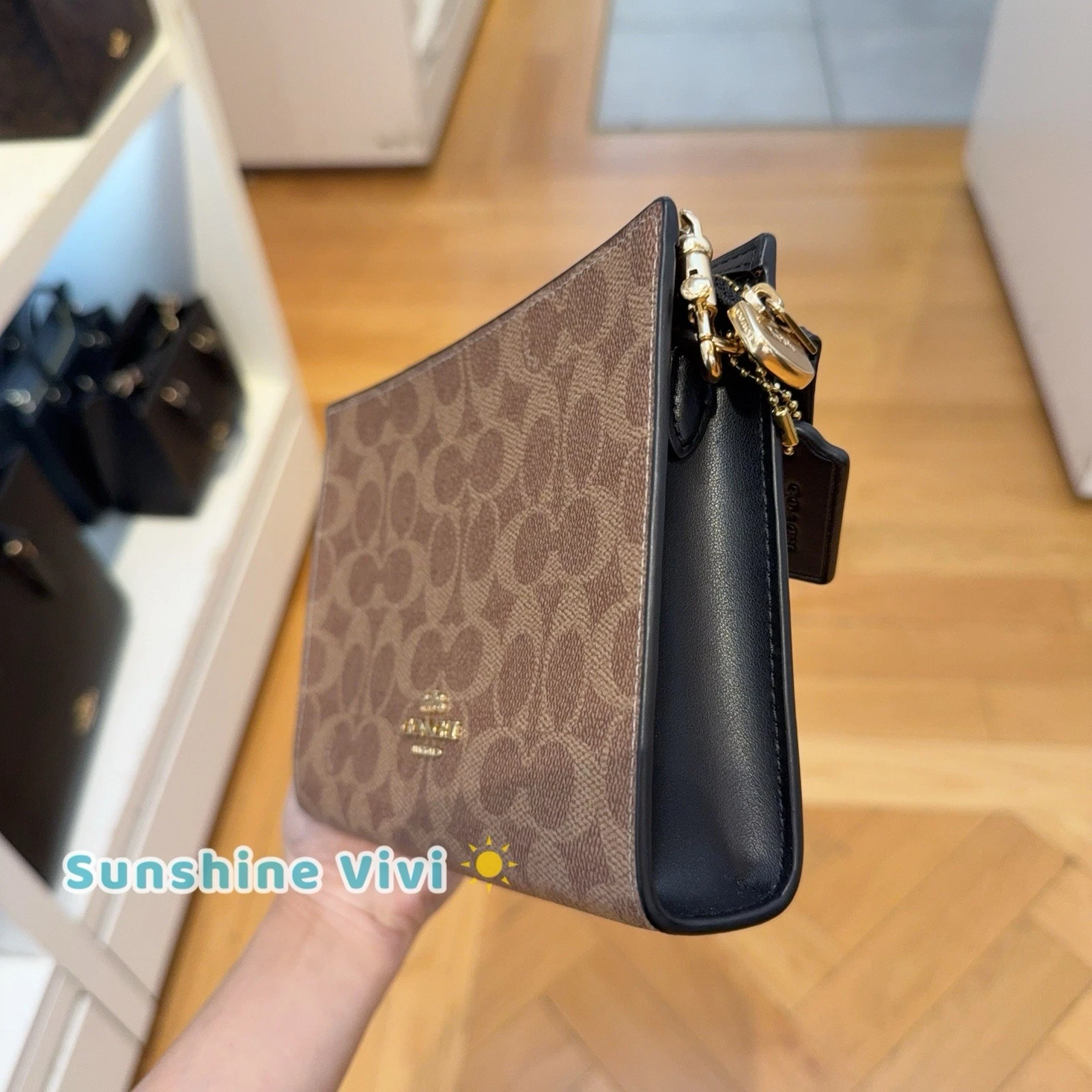 Borsa Coach Slim Croosbody nuova con etichetta in tela firmata marrone nero oro CW204