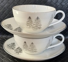Fukagawa Japan Arita Silver Tree  224 Set Of 2 Cups and Saucers Hand Painted