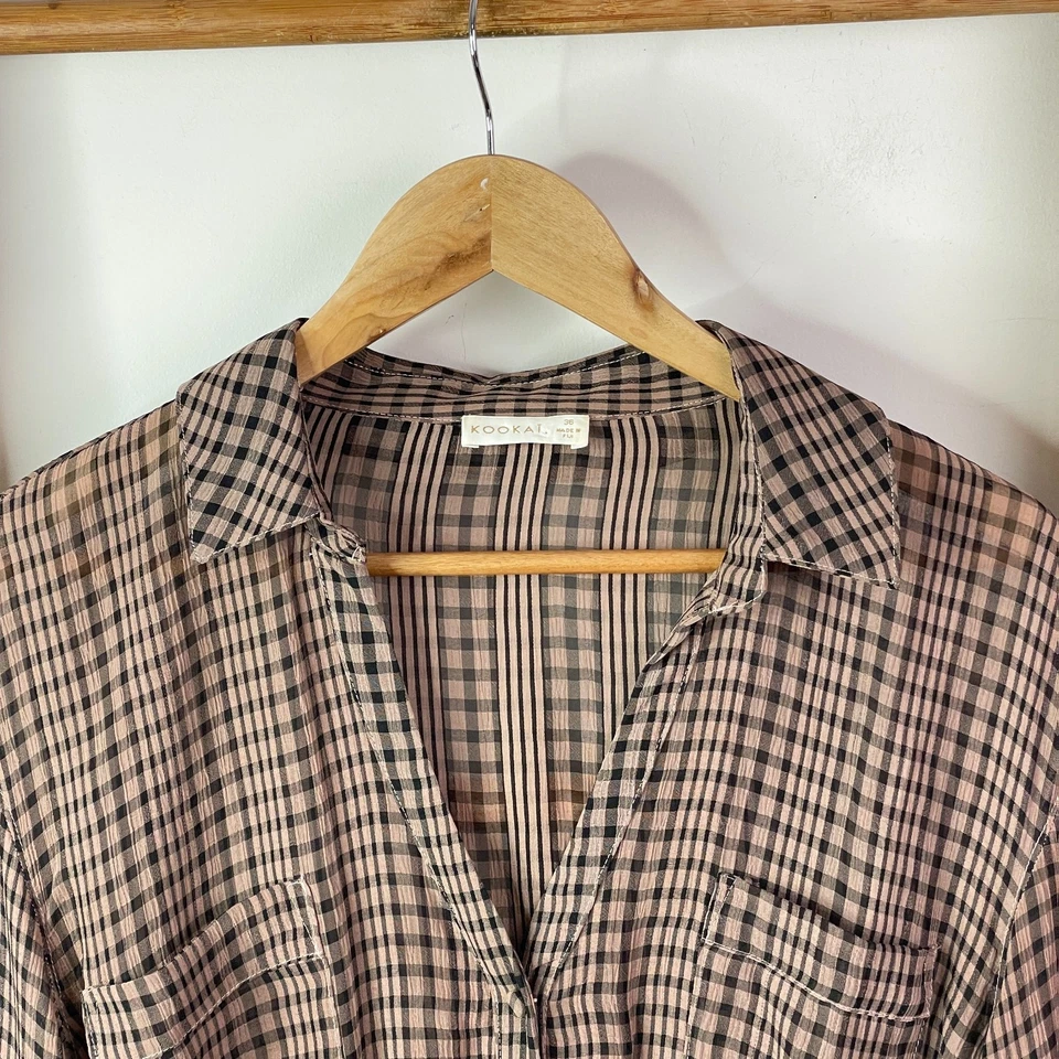 Kookai Shirt Dress Womens 36 Beige Black Check Knee Length Long Sleeve Button Up — 第 4/4 张图片