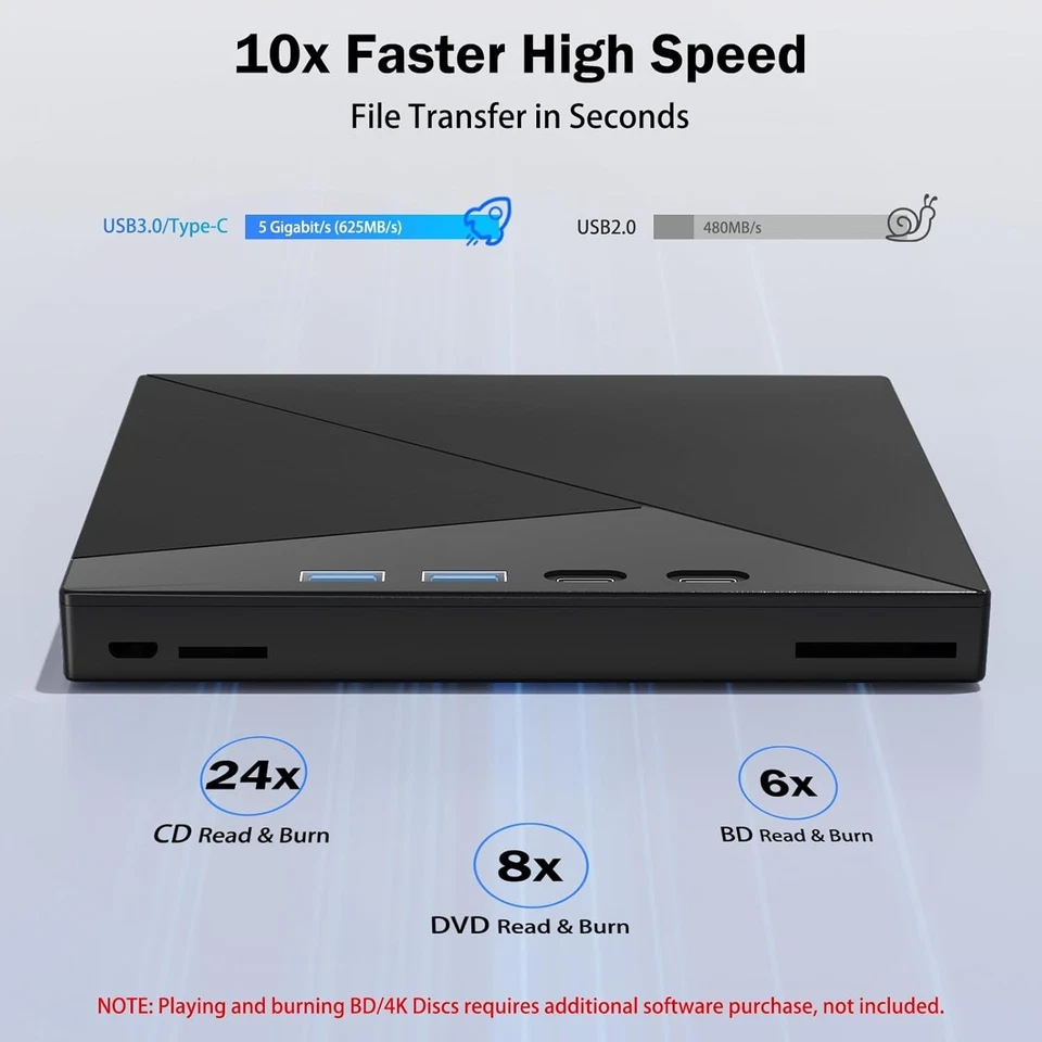Unidad Blu Ray Externa 7 en 1, Grabadora Blu Ray 4k con USB 3.0 Tipo-C Portátil Bl Foto 2 de 4