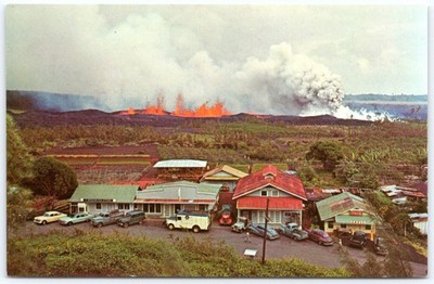 Postcard HI Kapoho Hawaii Kapoho Volcano Lava Trucks Cars 1950s C213