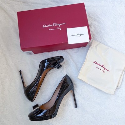 NEW Salvatore Ferragamo Osimo 10.5cm Black Patent Leather Platform Pumps 8.5B