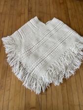 Vintage 1970s White Cape Sweater Hand Knit Poncho Shawl Top Mid Century Girls