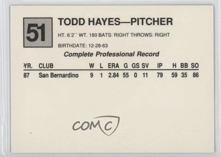 1988 Cal League Todd Hayes #51 - Image 2 of 2