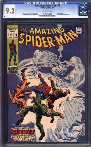 AMAZING SPIDER-MAN #74 CGC 9.2 OW PAGES LAST 12c ISSUE MARVEL 1969