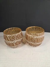 Vintage Set Of 2 Mcm BarWare Amber Honey Brown Spaghetti String Roly Poly Glass