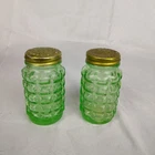 Set of 2 Uranium Green Depression Glass Salt & Pepper Shakers Hazel Atlas Waffle