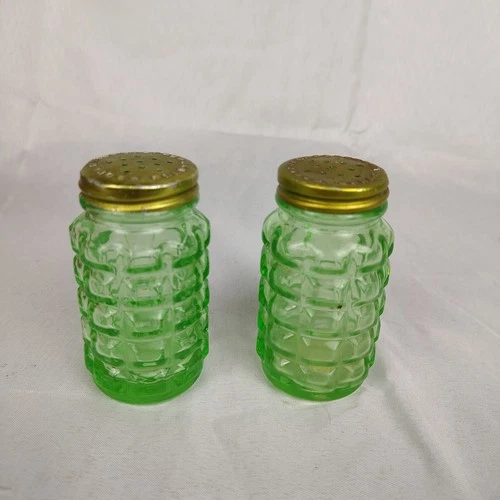 Set of 2 Uranium Green Depression Glass Salt & Pepper Shakers Hazel Atlas Waffle