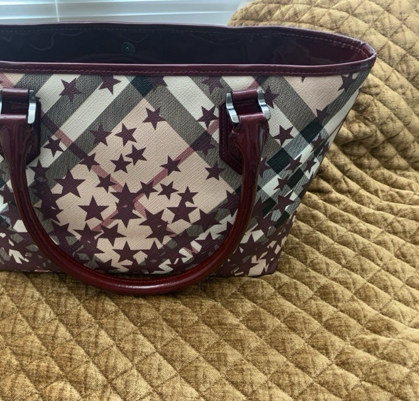 Burberry Star Print Checkered Patent Leather Trim Burgundy Tote Bag thumbnail 3