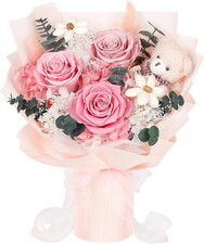 Preserved Flowers Bouquet with Bear, 3 Real Forever Flowers for Delivery, Long-