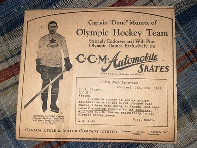 1924 CCM ADVERTISING OLYMPIC GOLD HOCKEY DUNC MUNRO TEAM CANADA NHL SKATES AHL