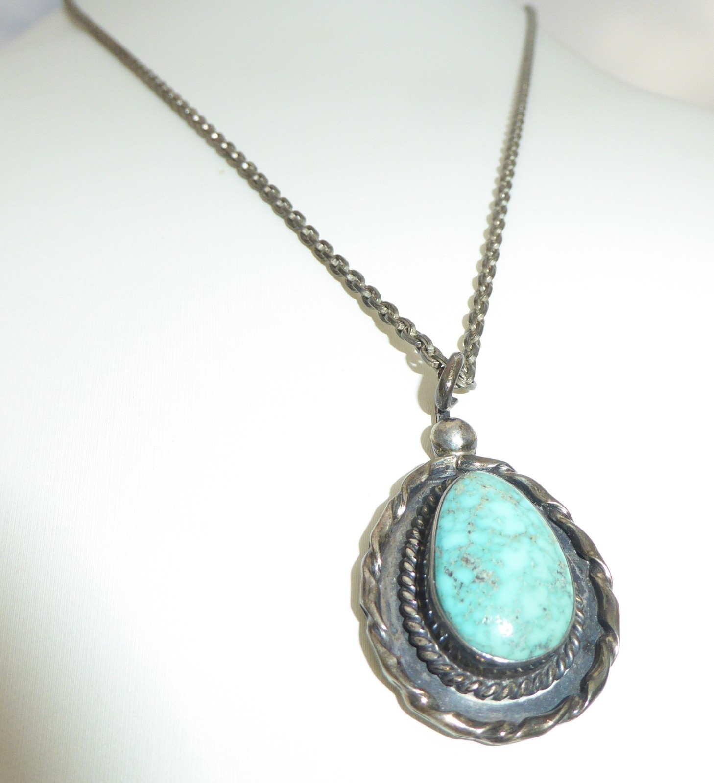 Native American Sterling Silver Blue Turquoise Pendant Necklace Navajo