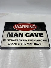 Warning Man Cave Embossed Tin Sign Wall Decor Garage Bar What Happens Stays