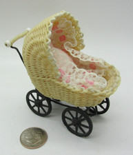 Vintage 1970's Dollhouse Miniature Wicker Black Metal Baby Pram Carriage