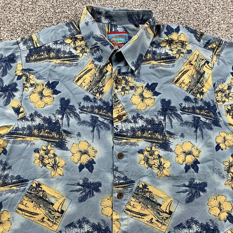 Reyn Spooner Shirt Men Medium Blue Joe Kealohas Floral Hawaiian Palm Tropical - Image 2 of 4