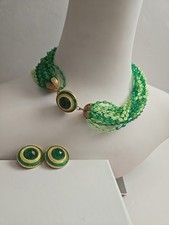 Vtg Goldtone lucite Greens Multi Strand Bead Enamel Necklace  Earrings Statement