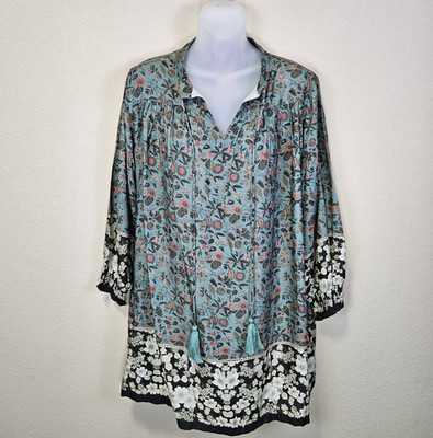 Natural Life Dara Dress XS Floral V-Neck Tassel Tie Boho Tunic Green Cottagecore