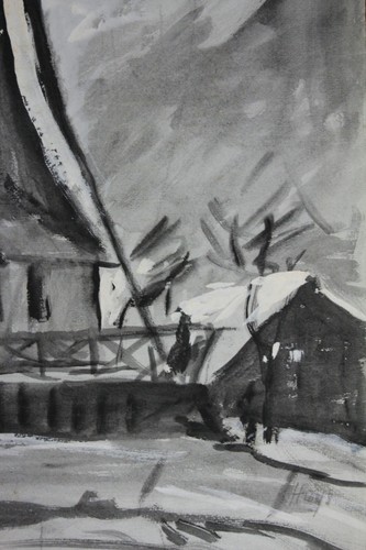 Drawing Charcoal Watercolor Windmill Bernhard Huys Worpswede Signed - Picture 4 of 7