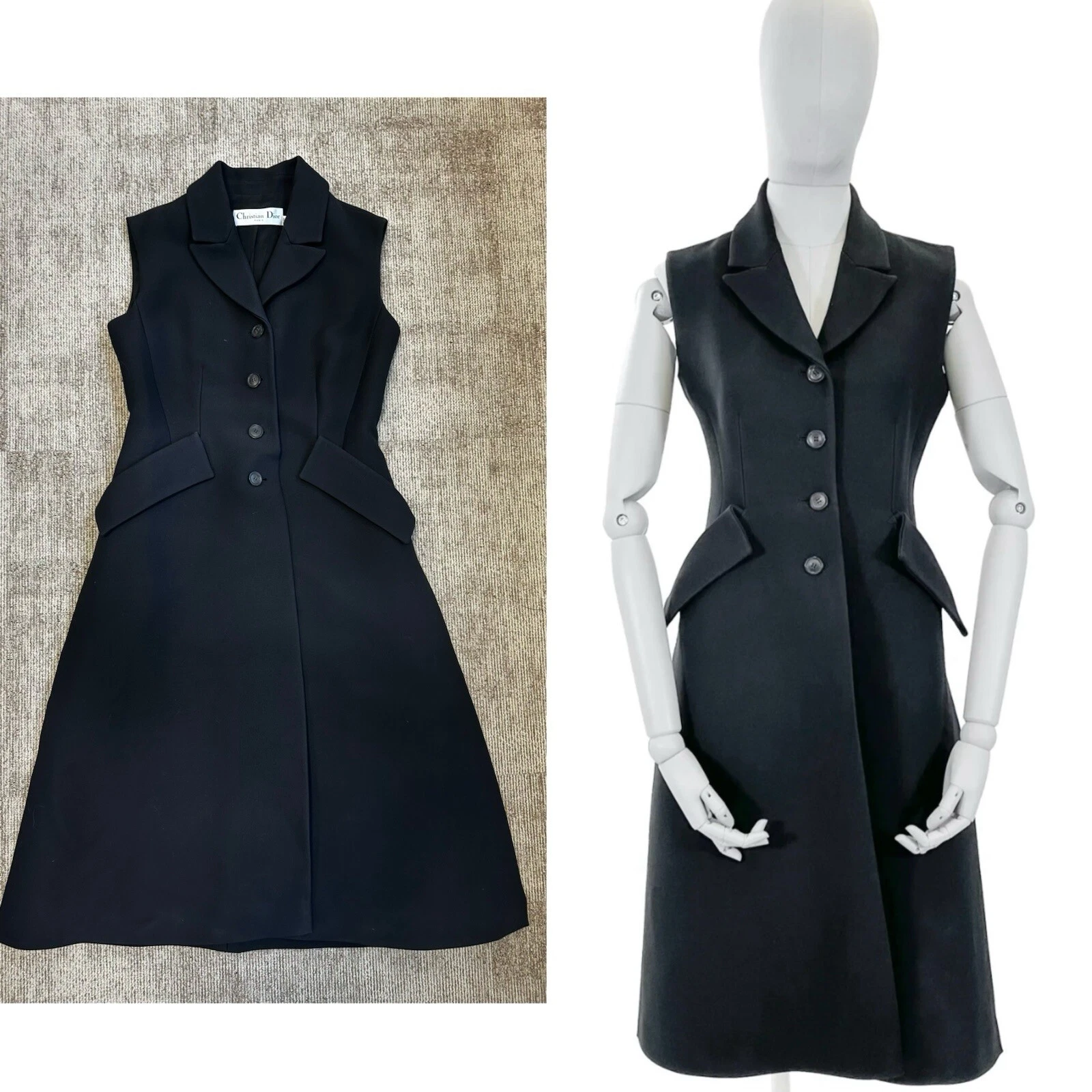 Abito Christian Dior senza maniche lana seta lungo bar giacca gilet £4k FR38