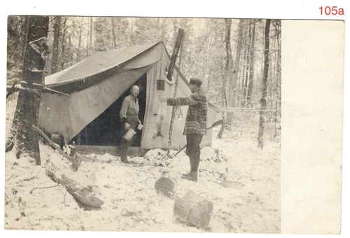 105:: ca.1908 RPPC Postcard: Hunter's Trapper's Canvas Tent Camp MICHIGAN