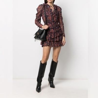 Ulla Johnson Cecily Cosmos Print Long Sleeve Tiered Ruffle Mini Dress Sz 2