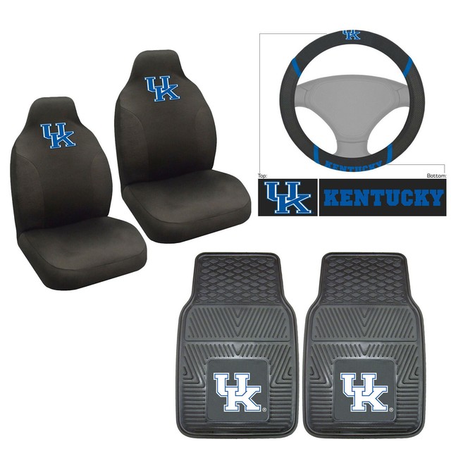 5PC NCAA Kentucky Wildcats Front Seat Covers Floor Mats & Steering