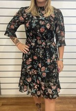 EX OASIS LADIES BLACK FLORAL CHIFFON TIE DRESS NEW (ref 160) SALE