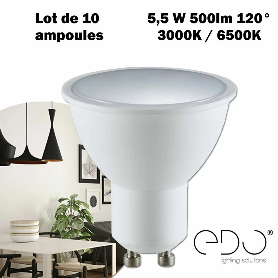 Lot de 10 ampoules LED FARI GU10 5,5W 3000K / 6500K 500lm 120° EDO