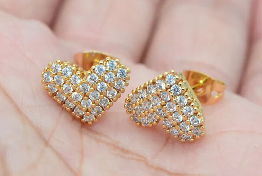 2Ct Round Simulated Diamond 14K Gold Plated Heart Stud Earrings for Women