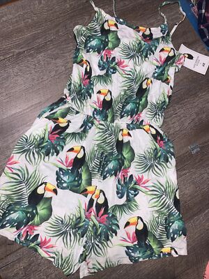 Girls sz 12/14 H & M tucan bird floral tropical romper shorts tank vacation nwt 