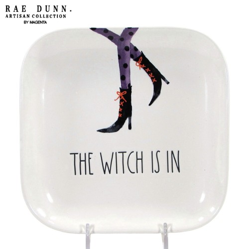 Rae Dunn HALLOWEEN - THE WITCH IS IN 7" Plate Square Purple Legs Magenta Mint - Picture 1 of 13