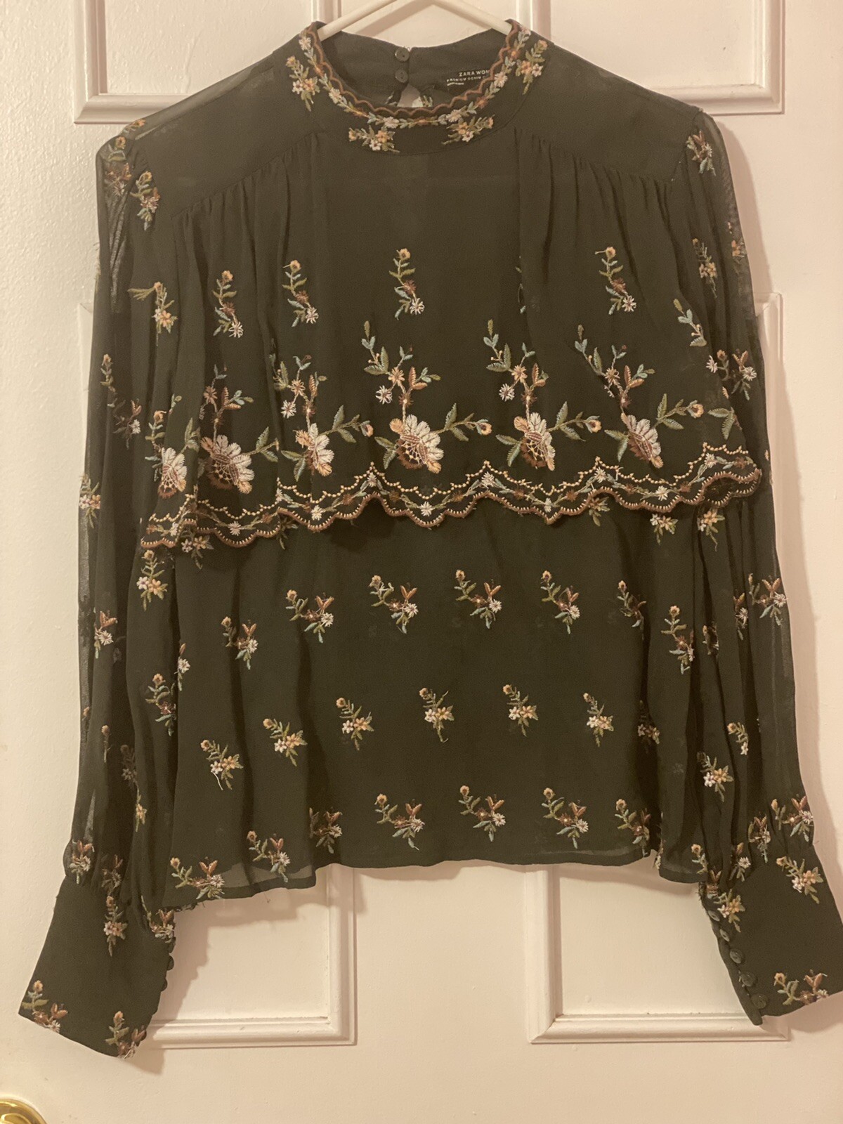 Zara Dark Green Floral Embroidered Blouse Sz S Gem