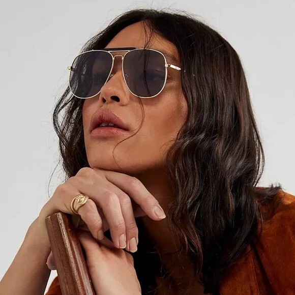 Free People Frank Classic Aviator Sunglasses NWT Smoke Thin Frame D-Shape Shades SOL KYST ~ Wide Face Sunglasses | Just going to leave this  main image 4