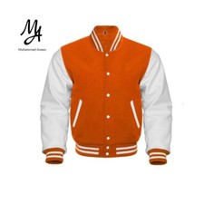2025 Men’s Orange & White Varsity Letterman Jacket Premium Vintage Bomber Jacket